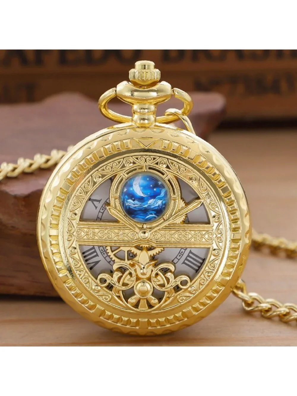 Men's All Gold Analog Quartz Arabic Numeral Moon Phase Chain Dial Pocket Watch